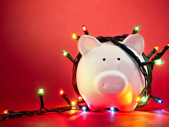 Image of piggy bank with Christmas lights